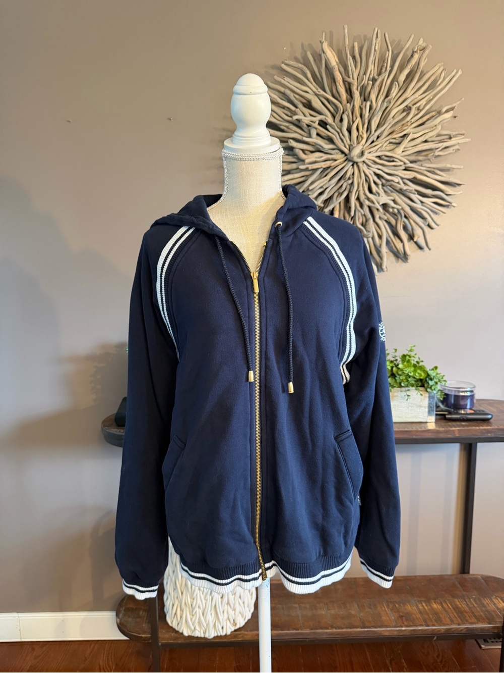 Escada Sport Full Zip Hoodie in Navy Blue and White.